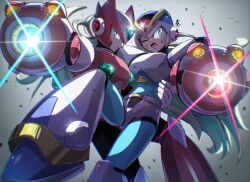 Rule 34 | 2boys, aiming, aiming at viewer, android, arm cannon, armor, blue eyes, blue headwear, cang she, first armor x (mega man), forehead jewel, glint, gradient background, green eyes, grey background, helmet, highres, mega man (series), mega man x (series), multiple boys, one eye closed, red armor, red headwear, torso grab, weapon, white armor, white background, x (mega man), zero (mega man)