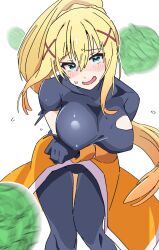 1girl arm_under_breasts black_bodysuit blonde_hair blue_eyes blush_stickers bodysuit breasts cabbage commentary covered_erect_nipples darkness_(konosuba) flying_sweatdrops hair_between_eyes hair_ornament highres kono_subarashii_sekai_ni_shukufuku_wo! large_breasts long_hair looking_at_viewer noyama_takenoko ponytail sidelocks simple_background solo thigh_gap torn_bodysuit torn_clothes very_long_hair waist_cape white_background x_hair_ornament