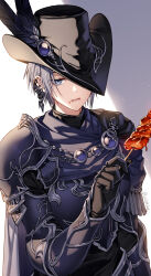 Rule 34 | 1girl, :q, androgynous, arm at side, armor, black gloves, black hat, breastplate, brooch, cape, commentary, ear piercing, eating, expressionless, final fantasy, final fantasy xiv, food, food on face, fringe trim, gem, gloves, grey cape, grey hair, hand up, hat, hat feather, hat ornament, hat over one eye, highres, holding, holding food, holding skewer, jewelry, jitome, kebab, licking lips, looking at viewer, one eye covered, pauldrons, piercing, purple gemstone, reaper (final fantasy), reverse trap, short hair, shoulder armor, signature, simple background, single pauldron, skewer, solo, standing, tongue, tongue out, tricorne, twitter username, upper body, white background, wild5lee, zero (ff14)