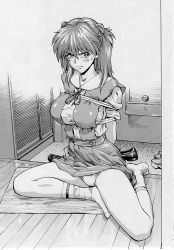 Rule 34 | 1girl, angry, arms behind back, bdsm, blush, bondage, bound, breasts, clothes lift, facing viewer, full body, greyscale, hairpods, half updo, hallway, highres, human highlight film, long hair, looking at viewer, medium breasts, monochrome, navel, neon genesis evangelion, no shoes, on floor, panties, scan, school uniform, shiosaba, short sleeves, simple background, sitting, skirt, skirt lift, socks, souryuu asuka langley, sweat, sweatdrop, tail, thighs, twintails, underwear, wooden floor
