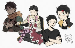 Rule 34 | 1boy, 1girl, absurdres, bandaid, bandaid on face, beatrice (re:zero), black hair, blonde hair, blood, blood on hands, capelet, commentary request, crossed arms, crown, dress, drill hair, duplicate, fur-trimmed capelet, fur trim, highres, jacket, kiliko-san, long hair, mini crown, natsuki subaru, pantyhose, parted bangs, partially colored, pixel-perfect duplicate, puck (re:zero), re:zero kara hajimeru isekai seikatsu, red capelet, red dress, scarf, shirt, shoes, short hair, short sleeves, sidelocks, simple background, sitting, sitting on lap, sitting on person, t-shirt, twin drills, white background
