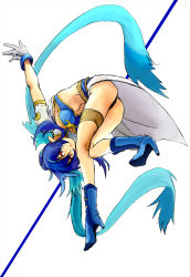 Rule 34 | 00s, 1girl, ass, bad id, bad pixiv id, blue footwear, blue hair, boots, breasts, elf, full body, gloves, high heel boots, high heels, judith (tales), knee boots, long hair, medium breasts, mine (odasol), pointy ears, ponytail, red eyes, solo, tales of (series), tales of vesperia, white background