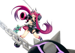 Rule 34 | 1girl, ball and chain (weapon), belt, chain, cosmic break, detached sleeves, eyepatch, fang, flail, goggles, goggles on head, hair ornament, hammer, highres, kendama, leg belt, long hair, looking at viewer, mace, mercurio, navel, necktie, official art, open mouth, pink eyes, pink hair, plaid, plaid skirt, pleated skirt, pointy ears, simple background, skirt, solo, spiked ball and chain, spiked mace, spikes, stuffed animal, stuffed toy, teddy bear, thigh strap, twintails, wakaba sprout, weapon, white background