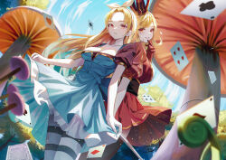 Rule 34 | 2girls, absurdres, black thighhighs, blonde hair, blue dress, blush, card, clothes lift, collarbone, crown, dress, dress lift, floating card, forehead, frilled dress, frills, giant mushroom, gloves, hair ribbon, highres, hyonee, long hair, looking at viewer, mole, mole under eye, multiple girls, mushroom, original, outdoors, pantyhose, parted lips, playing card, pocket watch, puffy short sleeves, puffy sleeves, red dress, red eyes, red gloves, ribbon, short sleeves, standing, striped clothes, striped pantyhose, thighhighs, watch, white ribbon