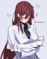 Rule 34 | 1girl, alternate costume, black sweater, blush, breasts, cleavage, closed eyes, closed mouth, collared shirt, cropped, crossed arms, crossed bangs, cup, drinking glass, dyadyadya, eden (honkai impact), eyeliner, facing down, grey background, hair between eyes, highres, holding, holding cup, honkai (series), honkai impact 3rd, jewelry, layered clothes, long hair, long sleeves, medium breasts, motion lines, partially unbuttoned, pendant, raised eyebrows, red eyeliner, red hair, shirt, sidelocks, simple background, solo, sweater, turtleneck, turtleneck sweater, twitter username, upper body, white shirt, wine glass
