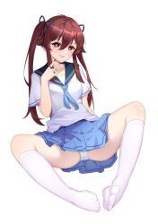 Rule 34 | 1girl, alternate hairstyle, black nails, blue skirt, blush, breasts, brown hair, cameltoe, commentary request, feet, flower, flower-shaped pupils, genshin impact, hu tao (genshin impact), jewelry, legs, long hair, looking at viewer, miniskirt, multiple rings, panties, plum blossoms, red eyes, ring, school uniform, sitting, skirt, small breasts, smile, socks, solo, spread legs, symbol-shaped pupils, thighs, twintails, underwear, user vamg3877, white background, white panties, white socks