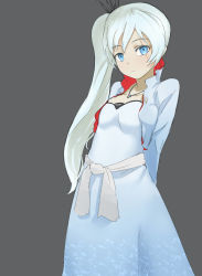 Rule 34 | 1girl, arms behind back, blue eyes, haigyo, jewelry, long hair, looking at viewer, necklace, pendant, rwby, scar, scar across eye, scar on face, side ponytail, solo, weiss schnee, white hair
