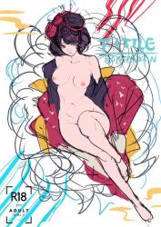 Rule 34 | 1girl, ban! (bansankan), breasts, collarbone, convenient leg, cover, fate/grand order, fate (series), from above, japanese clothes, katsushika hokusai (fate), kimono, legs together, navel, nipples, nude, purple eyes, purple hair, sketch, solo