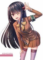 Rule 34 | 10s, 1girl, aoki hagane no arpeggio, armband, ashigara (aoki hagane no arpeggio), bent over, black hair, character name, fangs, hair ornament, highres, leaning forward, long hair, md5 mismatch, one eye closed, red eyes, school uniform, skirt, smile, solo, yakob labo