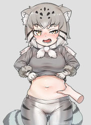 Rule 34 | 1girl, animal ear fluff, animal ears, animal print, black hair, blush, cat ears, cat girl, cat print, cat tail, cowboy shot, disembodied limb, elbow gloves, fang, fur collar, fur trim, gloves, gluteal fold, grey hair, grey pantyhose, grey sweater, hand on another&#039;s stomach, kemono friends, lifted by self, looking at viewer, midriff, multicolored hair, navel, nose blush, nyifu, open mouth, pallas&#039;s cat (kemono friends), pantyhose, print gloves, print pantyhose, raised eyebrows, short hair, solo, striped tail, sweater, tail, uneven eyes, white gloves, white hair, yellow eyes