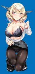 Rule 34 | 1girl, black panties, blonde hair, blouse, blue eyes, bra, braid, breasts, cleavage, clothes lift, collared shirt, colorado (kancolle), commentary request, grey headwear, half-closed eyes, hassen (8cm), headgear, high heels, highres, kantai collection, large breasts, lifting own clothes, open clothes, open shirt, panties, pantyhose, pencil skirt, removing shirt, shirt, short hair, side braids, skirt, skirt lift, solo, underwear, wavy mouth, white shirt