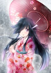 Rule 34 | 10s, 1girl, alternate costume, black hair, floral print, hair over one eye, hayashimo (kancolle), izumi akane, japanese clothes, kantai collection, kimono, long hair, looking at viewer, oil-paper umbrella, over shoulder, purple eyes, solo, umbrella, very long hair