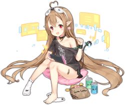 Rule 34 | 1girl, :d, ahoge, ark order, bag, bandaid, bandaid on leg, black shirt, blouse, brown hair, cable, cable tail, can, coin, drinking straw, electricity, eye mask, full body, goblin (ark order), handheld game console, heart, heart ahoge, holding, holding handheld game console, hologram, long hair, looking at viewer, maya g, mechanical tail, nintendo switch, off shoulder, official art, open mouth, pillow, plug, pointing, pointing at self, pointy ears, potion, red eyes, shirt, sidelocks, single bare shoulder, single sock, sitting, smile, socks, unworn socks, solo, tachi-e, tail, thumbs up, transparent background, very long hair, wristband