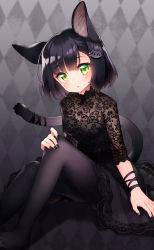 Rule 34 | 1girl, animal ear fluff, animal ears, argyle, argyle background, argyle clothes, black hair, black nails, black pantyhose, black shirt, black skirt, blush, cat ears, cat girl, cat hair ornament, cat tail, commentary, feet out of frame, green eyes, hair ornament, hand on own knee, highres, kito (sorahate), knees up, long sleeves, looking at viewer, nail polish, no shoes, original, panties, panties under pantyhose, pantyhose, parted lips, romaji commentary, shirt, sitting, skirt, solo, tail, underwear