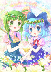 Rule 34 | 2girls, ascot, blue background, blue eyes, blue hair, blue rose, bow, cirno, daiso, daiyousei, dress, flower, green eyes, green hair, hair bow, holding hands, head wreath, interlocked fingers, lace, light particles, looking at viewer, md5 mismatch, multiple girls, open mouth, petals, puffy short sleeves, puffy sleeves, rainbow, ribbon, rose, short hair, short sleeves, side ponytail, sidelocks, sparkle, touhou, wings