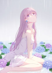 Rule 34 | 1girl, arm support, arms between legs, bare arms, bare legs, barefoot, blue flower, blurry, blurry background, breasts, cleavage, commentary, dress, earrings, flower, flower earrings, full body, grey background, hazuki natsu, head tilt, highres, hydrangea, jewelry, long hair, looking at viewer, making-of available, medium breasts, original, parted lips, purple eyes, purple flower, purple hair, ripples, signature, simple background, sitting, solo, spaghetti strap, wariza, white dress