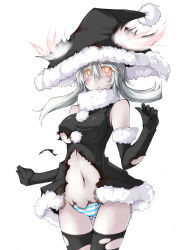 Rule 34 | 10s, 1girl, abyssal ship, alternate costume, black gloves, black santa costume, black thighhighs, blush, breasts, elbow gloves, gloves, hat, kaminagi (kaminagi-tei), kantai collection, large breasts, long hair, pale skin, panties, santa costume, santa hat, silver hair, simple background, solo, striped clothes, striped panties, thighhighs, torn clothes, underwear, white background, wo-class aircraft carrier, yellow eyes