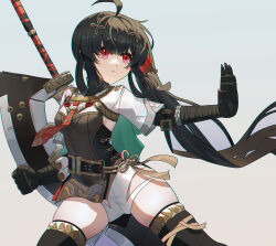 Rule 34 | 1girl, absurdres, ahoge, black hair, black thighhighs, china dress, chinese clothes, closed mouth, dress, hair ornament, highres, huge weapon, kongbai huanxiang, long hair, mechanical arms, necktie, pulao: dragontoll (punishing: gray raven), pulao (punishing: gray raven), punishing: gray raven, red eyes, red necktie, short sleeves, solo, thighhighs, thighs, weapon