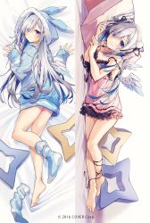 Rule 34 | 1girl, alternate costume, alternate hair length, alternate hairstyle, amane kanata, angel wings, animal hood, bare legs, barefoot, bed sheet, black ribbon, blue footwear, blue hair, blush, breasts, camisole, closed mouth, colored inner hair, commentary, dakimakura (medium), eyes visible through hair, frilled camisole, frills, from above, full body, furrowed brow, hair between eyes, hair ribbon, highres, hololive, hood, hood up, long hair, long sleeves, looking at viewer, looking back, lying, multicolored hair, multiple views, official art, on side, on stomach, oshio (dayo), pillow, pink camisole, pink hair, pom pom (clothes), purple eyes, ribbon, silver hair, single hair intake, single sock, sleeves past wrists, small breasts, smile, socks, unworn socks, strap slip, streaked hair, two side up, virtual youtuber, watermark, wings
