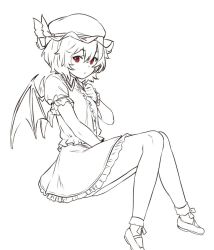 Rule 34 | 1girl, bat wings, bobby socks, commentary, dress, greyscale, hair between eyes, hand on own chest, hand up, hat, hat ribbon, houtengeki, invisible chair, looking at viewer, mary janes, mob cap, monochrome, petticoat, puffy short sleeves, puffy sleeves, red eyes, remilia scarlet, ribbon, shoes, short dress, short hair, short sleeves, simple background, sitting, socks, solo, symbol-only commentary, thighs, touhou, unfinished, white background, wings