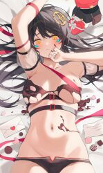 Rule 34 | 1girl, armpits, arms up, bare shoulders, belt, bikini, bikini bottom only, black bikini, black hair, box, breasts, breasts apart, chocolate, chocolate on body, chocolate on breasts, commission, detached sleeves, elsword, eve (2nas) (elsword), eve (elsword), facial mark, food on body, hair ornament, hair spread out, heart-shaped box, highres, letter, long hair, looking at viewer, love letter, lying, medium breasts, moby (elsword), navel, nipples, on back, red ribbon, ribbon, second-party source, see-through, see-through sleeves, short sleeves, solo, stomach, swimsuit, timy, valentine, yellow eyes