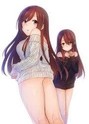 Rule 34 | 2girls, absurdres, black sweater, brown hair, commentary request, hair between eyes, highres, hoshimiya aki, idolmaster, idolmaster shiny colors, kneepits, long hair, long sleeves, looking at viewer, multiple girls, off-shoulder sweater, off shoulder, osaki amana, osaki tenka, parted lips, sidelocks, simple background, sweater, thighs, white background, white sweater, yellow eyes