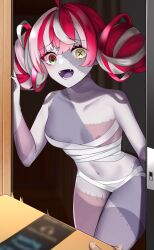 Rule 34 | 1girl, ahoge, areola slip, bandages, breasts, colored skin, delivery, doorway, double bun, grey hair, grey skin, hair bun, heterochromia, highres, hololive, hololive indonesia, kureiji ollie, looking at viewer, masaki nanaya, multicolored hair, multicolored skin, naked bandage, navel, open door, open mouth, packet, patchwork skin, pov doorway, red eyes, red hair, small breasts, solo focus, stitched arm, stitched face, stitched leg, stitched torso, stitches, symbol-shaped pupils, two-tone skin, virtual youtuber, x-shaped pupils, yellow eyes, zombie