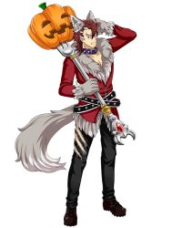 Rule 34 | 1boy, animal ears, belt, black pants, boots, brown footwear, brown hair, collar, collarbone, fang, fang out, fox ears, fox tail, full body, halloween costume, hand on own head, holding, isaac (log horizon), jack-o&#039;-lantern, log horizon, looking at viewer, male focus, official art, pants, pumpkin, solo, standing, tail, torn clothes, torn pants, transparent background