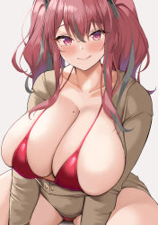 Rule 34 | 1girl, :p, absurdres, azur lane, bikini, blush, breasts, bremerton (azur lane), cleavage, grey background, grey hair, highres, huge breasts, long sleeves, looking at viewer, mole, mole on breast, multicolored hair, neneneji, pink eyes, pink hair, red bikini, sideboob, simple background, smile, solo, swimsuit, tongue, tongue out, twintails