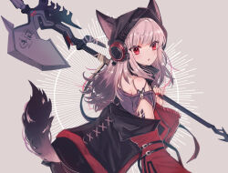 Rule 34 | 1girl, animal ears, arknights, axe, commentary, fang, frostleaf (arknights), grey background, grey hair, headphones, highres, holding, holding axe, implied extra ears, looking at viewer, looking back, material growth, open mouth, oripathy lesion (arknights), red eyes, red nails, ruchita, solo, tail