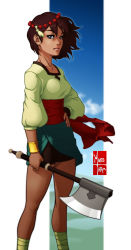 Rule 34 | 1girl, ajna (indivisible), ankle wrap, artist logo, axe, beads, bike shorts, black eyes, black hair, black shorts, blue sky, bracelet, brown hair, closed mouth, clothes lift, cloud, cloudy sky, commentary, dark-skinned female, dark skin, day, eduardo j. perez m., english commentary, frown, hair beads, hair ornament, highres, holding, holding axe, holding weapon, indivisible, jewelry, long sleeves, looking at viewer, outside border, sash, shirt, short hair, shorts, skirt, skirt lift, sky, solo, standing, tied skirt, weapon, white shirt, wind