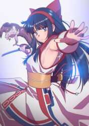 Rule 34 | 1girl, ainu clothes, andrian januar adilia, armpits, bare shoulders, bird, black hair, blue eyes, bow, breasts, bright pupils, closed mouth, commentary, english commentary, fighting stance, hair bow, hairband, hawk, highres, holding, holding sword, holding weapon, jewelry, kodachi, long hair, looking at viewer, mamahaha, medium breasts, nakoruru, outstretched arm, reaching, reaching towards viewer, red bow, red hairband, ring, samurai spirits, serious, short sword, sideboob, snk, solo, sword, the king of fighters, upper body, weapon, white pupils