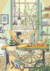 Rule 34 | 1girl, bare legs, barefoot, basket, blue hair, bracelet, breasts, chair, cityscape, cup, drawing (object), floor, food, fruit, glasses, highres, jewelry, lamp, magazine (object), medium breasts, original, plant, potted plant, reclining, rocking chair, rug, short hair, smile, sweater, table, teacup, umishima senbon, vase, window, wooden floor