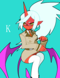 Rule 34 | 1girl, bad id, bad pixiv id, blue background, colored skin, demon girl, fang, glasses, green eyes, horns, kneesocks (psg), long hair, looking away, mofuaki, necktie, official style, panty &amp; stocking with garterbelt, ponytail, red skin, school uniform, simple background, single horn, skirt, smile, solo, thighhighs, wings, zettai ryouiki