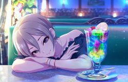 Rule 34 | 1girl, arm rest, arms on table, blurry, bokeh, bracelet, collarbone, depth of field, grey hair, hair between eyes, head rest, idolmaster, idolmaster cinderella girls, idolmaster cinderella girls starlight stage, indoors, jewelry, looking at viewer, off shoulder, official art, restaurant, shiomi syuko, short hair, sitting, smile, solo, sunlight