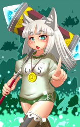 Rule 34 | 1girl, 7th dragon, 7th dragon (series), animal ear fluff, animal ears, bad id, bad pixiv id, blunt bangs, bright pupils, buruma, chestnut mouth, d01, fox ears, green background, green buruma, green eyes, gym uniform, half-closed eyes, huge weapon, ikurakun (7th dragon), looking at viewer, mage (7th dragon), medal, medallion, open mouth, parted bangs, pointing, pointing at viewer, ringed eyes, solo, thick eyebrows, thighhighs, war hammer, warhammer, weapon, white hair