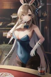 Rule 34 | 1girl, absurdres, animal ears, asuna (blue archive), asuna (bunny) (blue archive), black pantyhose, blue archive, blue eyes, blue leotard, bow, bowtie, breasts, card, casino, cleavage, curvy, elbow gloves, fake animal ears, gloves, grey hair, halo, highres, indoors, jaduade, large breasts, legs together, leotard, long hair, looking at viewer, mole, mole on breast, pantyhose, playboy bunny, rabbit ears, skin tight, skindentation, standing, thighs, traditional bowtie, very long hair, white gloves