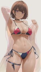 Rule 34 | 1girl, absurdres, arm up, armpits, bare shoulders, bikini, black choker, blue eyes, breasts, brown hair, choker, cleavage, closed mouth, collarbone, commentary, english commentary, free style (yohan1754), grey background, highres, large breasts, long sleeves, looking at viewer, multicolored bikini, multicolored clothes, navel, open clothes, open shirt, original, shirt, short hair, side-tie bikini bottom, sideboob, simple background, solo, standing, stomach, swimsuit, thigh strap, thighs, underboob, white shirt