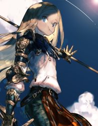 Rule 34 | 1girl, :t, absurdres, armor, blonde hair, blue eyes, cigarette, day, female focus, highres, hyang seol, long hair, original, outdoors, polearm, signature, smoking, solo, weapon