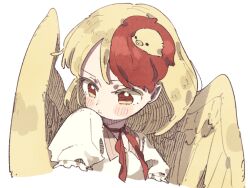 Rule 34 | 1girl, animal, animal on head, bird, bird on head, bird wings, blonde hair, blush, chick, closed mouth, commentary, highres, multicolored hair, nama udon, niwatari kutaka, on head, portrait, red eyes, red hair, shirt, short hair, short sleeves, simple background, solo, touhou, two-tone hair, white background, white shirt, wings, yellow wings
