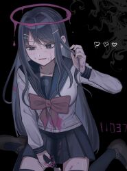Rule 34 | 1girl, :d, black background, black hair, blood, blood halo, blood on clothes, blood on face, bow, bowtie, breasts, brown footwear, collarbone, danganronpa: trigger happy havoc, danganronpa (series), green sailor collar, grey shirt, hair ornament, hairclip, hand up, heart, highres, holding, holding knife, knife, large breasts, liquid halo, long hair, long sleeves, maizono sayaka, michi (michiisidayo), open mouth, pink blood, red bow, red bowtie, sailor collar, shirt, shoes, smile, solo, sweat, thighhighs, zettai ryouiki