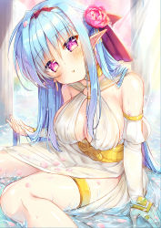 Rule 34 | 1girl, :o, bare shoulders, blue hair, blush, breasts, cleavage, commentary request, detached sleeves, dress, flower, hair between eyes, hair flower, hair ornament, hairband, highres, in water, large breasts, long hair, long sleeves, natsuki marina, o-ring, original, parted lips, petals, pink flower, pink rose, pointy ears, purple eyes, red hairband, rose, sidelocks, sitting, sleeveless, sleeveless dress, solo, very long hair, water, wet, wet clothes, wet dress, white dress