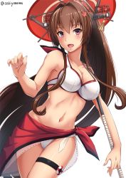 Rule 34 | 1girl, :d, adapted costume, artist name, bare arms, bare shoulders, bikini, breasts, brown hair, cherry blossoms, cleavage, collar, collarbone, flower, hair between eyes, hair flower, hair intakes, hair ornament, headgear, holding, holding umbrella, kantai collection, kikumon, large breasts, long hair, looking at viewer, navel, oil-paper umbrella, open mouth, outdoors, parasol, red umbrella, sakiyamama, sarong, shiny skin, simple background, smile, solo, summer, swimsuit, tan, thigh strap, umbrella, very long hair, white background, white bikini, yamato (kancolle)