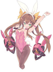 Rule 34 | 10s, 1girl, animal ears, arm up, armlet, armpits, blade (galaxist), bow, bracelet, breasts, brown hair, brown pantyhose, covered navel, cropped legs, fake animal ears, fang, green eyes, hair bow, hairband, huang lingyin, infinite stratos, jewelry, leotard, long hair, pantyhose, playboy bunny, rabbit ears, rabbit tail, sidelocks, simple background, small breasts, solo, tail, twintails, white background, wristband