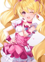 Rule 34 | 1girl, blonde hair, breasts, chaeryaeng 05, choker, clover ornament, cure peach, dress, earrings, fresh precure!, frilled dress, frills, hair ornament, hand on own hip, heart, heart earrings, heart hair ornament, highres, jewelry, looking at viewer, magical girl, momozono love, one eye closed, pink choker, pink dress, pouch, precure, puffy short sleeves, puffy sleeves, short sleeves, small breasts, smile, solo, upper body