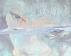 Rule 34 | 1girl, blue eyes, close-up, closed mouth, eyelashes, grey hair, looking at viewer, mieze, one eye covered, original, partially submerged, portrait, short hair, solo, water