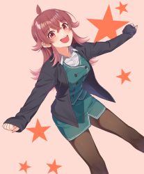 Rule 34 | 1girl, :d, ahoge, black pantyhose, black sweater, blush, buttons, cardigan, collared shirt, commentary request, cosplay, feet out of frame, flipped hair, green skirt, green vest, hair between eyes, idolmaster, idolmaster shiny colors, kamille (vcx68), komiya kaho, long hair, long sleeves, looking at viewer, miniskirt, nanakusa hazuki, nanakusa hazuki (cosplay), open cardigan, open clothes, open mouth, outstretched arms, pantyhose, pink background, red eyes, red hair, shirt, skirt, smile, solo, spread arms, standing, star (symbol), starry background, sweater, teeth, upper teeth only, vest, white shirt, wing collar