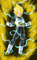 Rule 34 | 10s, 1boy, armor, aura, blonde hair, boots, clenched hands, clenched teeth, dragon ball, dragon ball super, electricity, full body, gloves, green eyes, highres, kamishima kanon, male focus, muscular, solo, spiked hair, super saiyan, super saiyan 2, teeth, vegeta, white footwear, white gloves, widow&#039;s peak