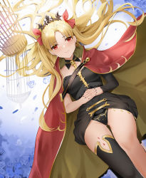Rule 34 | 1girl, black panties, blonde hair, blue flower, blue rose, breasts, cage, cape, closed mouth, detached collar, detached sleeves, dutch angle, ereshkigal (fate), falling petals, fate/grand order, fate (series), feet out of frame, floating hair, flower, gluteal fold, gold trim, hair ribbon, highres, interlocked fingers, looking at viewer, medium breasts, own hands together, panties, parted bangs, petals, qing wu, red cape, red eyes, red ribbon, ribbon, rose, rose petals, single detached sleeve, single thighhigh, smile, solo, spine, thighhighs, tiara, two-tone cape, two side up, underwear, yellow cape