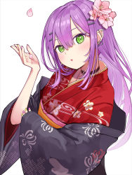 Rule 34 | 1girl, cherry blossoms, choker, ear piercing, floral print, flower, green eyes, hair between eyes, hair flower, hair ornament, hand up, highres, hololive, japanese clothes, kimono, long hair, looking at viewer, o-ring, o-ring choker, obi, petals, piercing, print kimono, purple hair, sash, simple background, solo, takahira (takahirac562), tokoyami towa, upper body, virtual youtuber, white background, wide sleeves